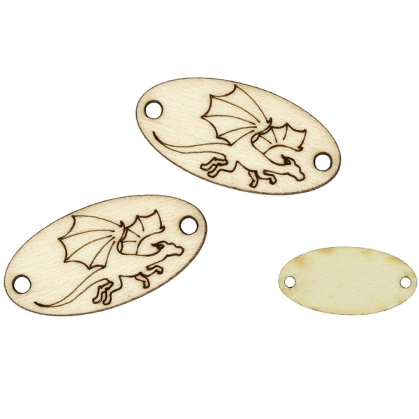 LASER CUT WOODEN FIGURES - ELLIPSE 30х15mm - DRAGON 02 - NATURAL - PACKAGE 100pcs. Hole-2.0mm