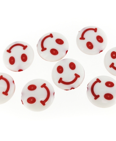 ACRYLIC BEADS - SMILEY FACE - DISK - 14x5mm WHITE WITH RED - 50 g Hole-2.0mm (85pcs.)