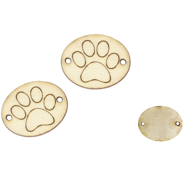 LASER CUT WOODEN FIGURES - OVAL 25x20mm - CAT PAW 01 - NATURAL - PACKAGE 100pcs. Hole-1.5mm