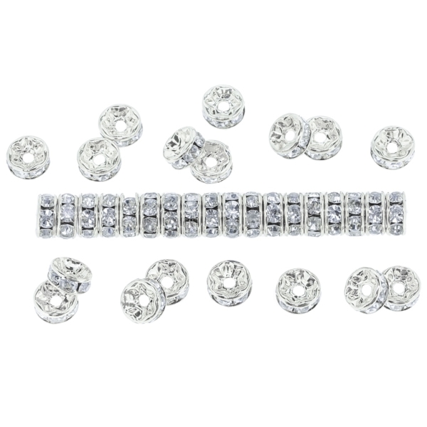 METAL ELEMENTS - RHINESTONE BALL BEAD CRYSTAL ROUND SPACER - CIRCLE 01 - 7mm SILVER COLOR WITH WHITE - 100pcs. Hole-1.8mm