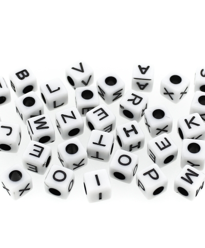 ACRYLIC BEADS - LETTERS - CUBE - 7x7mm WHITE WITH BLACK - 50 g Hole-3.5mm (190pcs.)