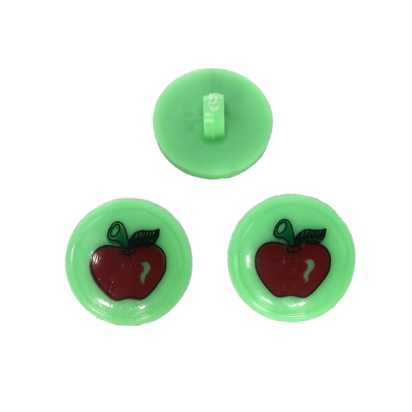 PLASTIC BEADS - BUTTON TYPE - CIRCLE WITH APPLE - 18x18mm GREEN AND RED (DARK) - PACKAGE 200g (247pcs.) Hole-3.3mm