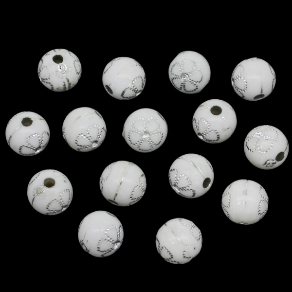 OPAQUE SILVER WASHED PLASTIC BEADS - SILVER THREAD - BALL FLOWER 02 - 10mm WHITE - 50g Hole-2.5mm (100pcs.)