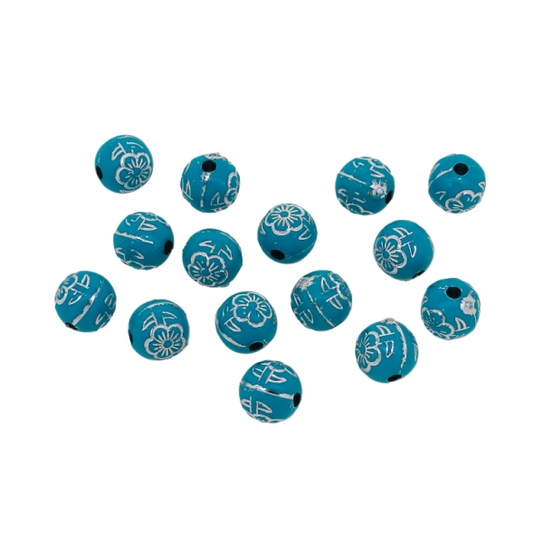 OPAQUE SILVER WASHED PLASTIC BEADS - SILVER THREAD - BALL FLOWER 03 - 8mm TURQUOISE BLUE - PACKAGE 500g Hole-2.2mm (1720pcs.)