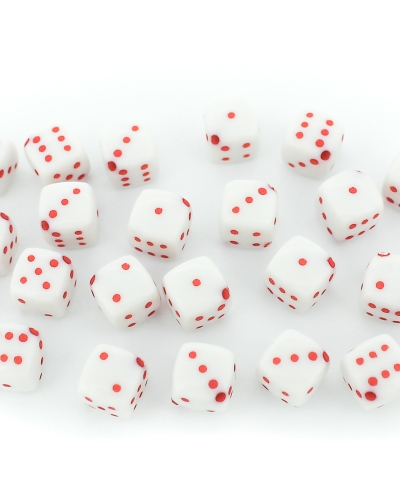 ACRYLIC BEADS - DICE - 11x6x8mm WHITE WITH RED - 50 g Hole-1.5mm (90pcs.)