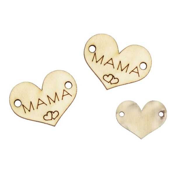 LASER CUT WOODEN FIGURES - HEART 19x24mm - MOM 01 - NATURAL - PACKAGE 100pcs. Hole-2.0mm