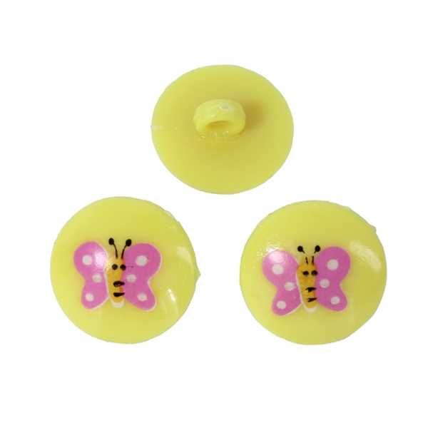 PLASTIC BEADS - BUTTON TYPE - CIRCLE WITH BUTTERFLY 01 - 20x20mm YELLOW AND PINK - PACKAGE 200g (222pcs.) Hole-3.5mm