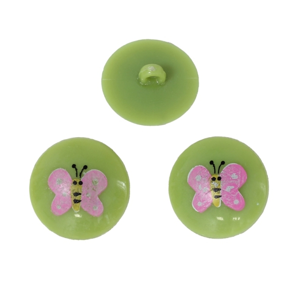 PLASTIC BEADS - BUTTON TYPE - CIRCLE WITH BUTTERFLY 01 - 20x20mm GREEN (LIGHT) AND PINK - PACKAGE 200g (231pcs.) Hole-2.4mm