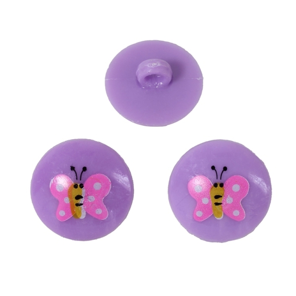 PLASTIC BEADS - BUTTON TYPE - CIRCLE WITH BUTTERFLY 01 - 20x20mm PURPLE AND PINK - PACKAGE 200g (222pcs.) Hole-3.5mm