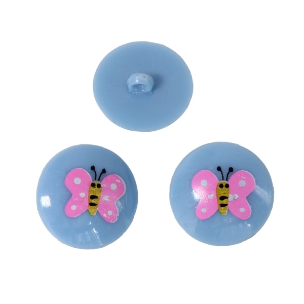 PLASTIC BEADS - BUTTON TYPE - CIRCLE WITH BUTTERFLY 01 - 20x20mm BLUE (LIGHT) AND PINK - PACKAGE 200g (235pcs.) Hole-2.5mm