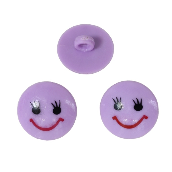 PLASTIC BEADS - BUTTON TYPE - CIRCLE WITH SMILE 01 - 20x20mm PURPLE AND RED - PACKAGE 200g (222pcs.) Hole-3.5mm