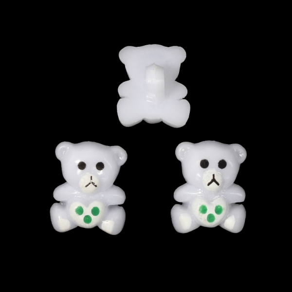 PLASTIC BEADS - BUTTON TYPE - BEAR 03 - 18x14mm WHITE AND GREEN - PACKAGE 200g (275pcs.) Hole-3.3mm