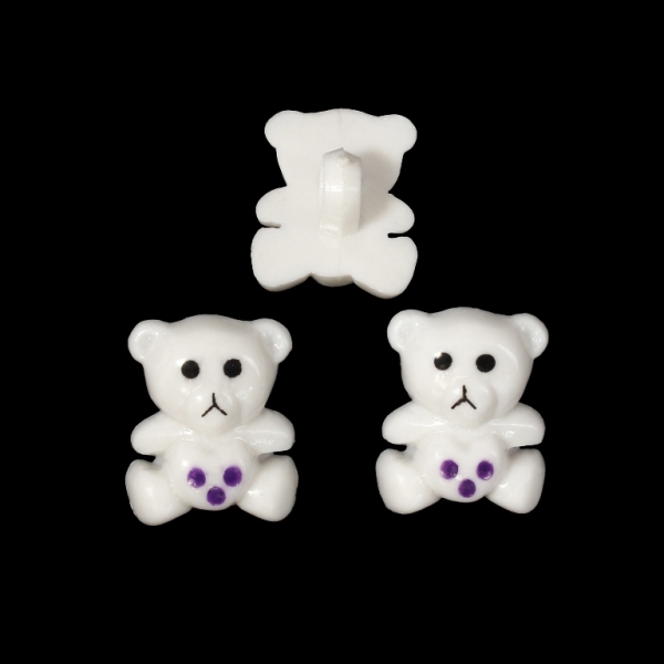 PLASTIC BEADS - BUTTON TYPE - BEAR 03 - 18x14mm WHITE AND PURPLE - PACKAGE 200g (286pcs.) Hole-3.3mm