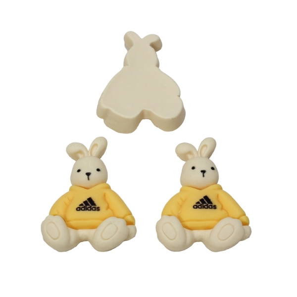 PLASTIC BEADS - RESIN 3D - FOR GLUING - RABBIT WITH CLOTHES 01 - 23x30x8мм ECRU AND ORANGE (LIGHT) - PACKAGE 30pcs.