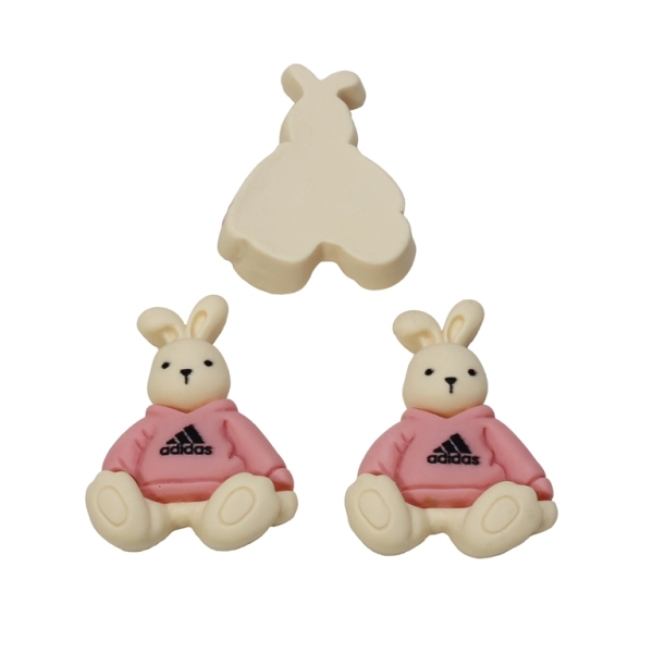 PLASTIC BEADS - RESIN 3D - FOR GLUING - RABBIT WITH CLOTHES 01 - 23x30x8мм ECRU AND PINK (LIGHT) - PACKAGE 30pcs.