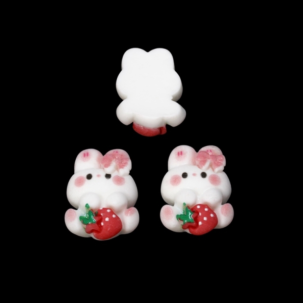 PLASTIC BEADS - RESIN 3D - FOR GLUING - RABBIT 06 WITH STRAWBERRY - 15x22x8mm WHITE AND RED - PACKAGE 40pcs.