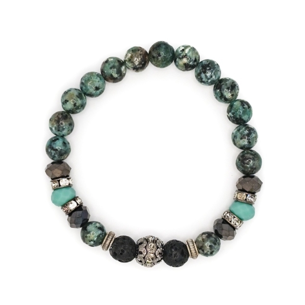 JEWELRY - ELASTIC BRACELET - NATURAL STONE - BALL 8mm - TURQUOISE AFRICAN - CRYSTALS - VOLCANIC STONE - PACKAGE 6pcs.