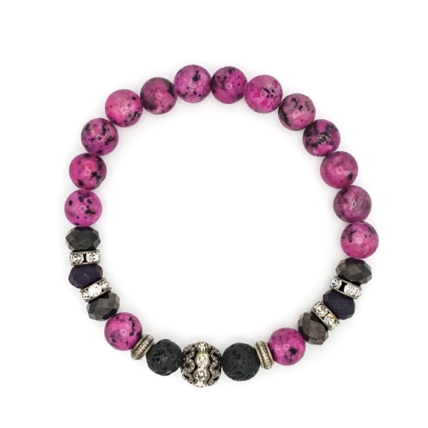 JEWELRY - ELASTIC BRACELET - NATURAL STONE - BALL 8mm - RHODONITE - CRYSTALS - VOLCANIC STONE - PACKAGE 6pcs.