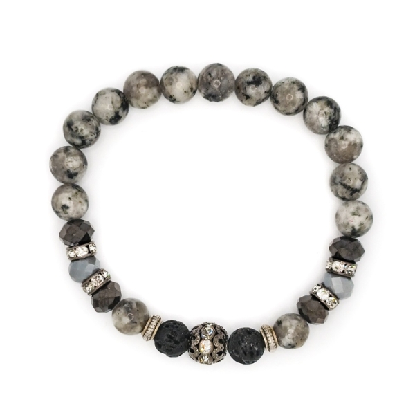 JEWELRY - ELASTIC BRACELET - NATURAL STONE - BALL 8mm - JASPER GRAY - CRYSTALS - VOLCANIC STONE - PACKAGE 6pcs.