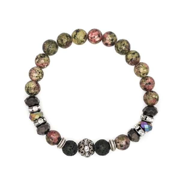 JEWELRY - ELASTIC BRACELET - NATURAL STONE - BALL 8mm - UNAKITE - CRYSTALS - VOLCANIC STONE - PACKAGE 6pcs.