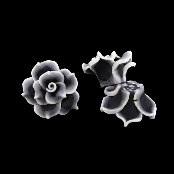 POLYMER CLAY FIMO BEADS - ROSE 01 MULTICOLORED - 25x15mm BLACK-GRAY-WHITE 02 - PACKAGE 100pcs. Hole-2.0mm