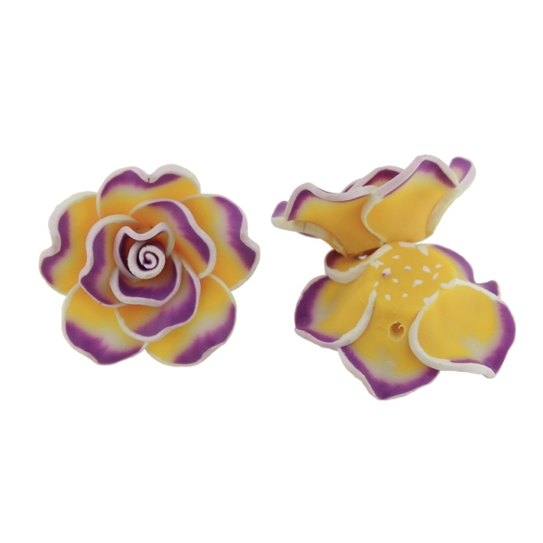 POLYMER CLAY FIMO BEADS - ROSE 02 MULTICOLORED - 30x12mm YELLOW (DARK)-PURPLE 38 - 7pcs. Hole-2.0mm