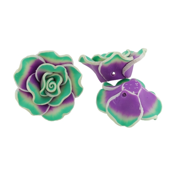 POLYMER CLAY FIMO BEADS - ROSE 02 MULTICOLORED - 32x12mm PURPLE-ECRU-GREEN (LIGHT) 37 - 7pcs. Hole-2.0mm