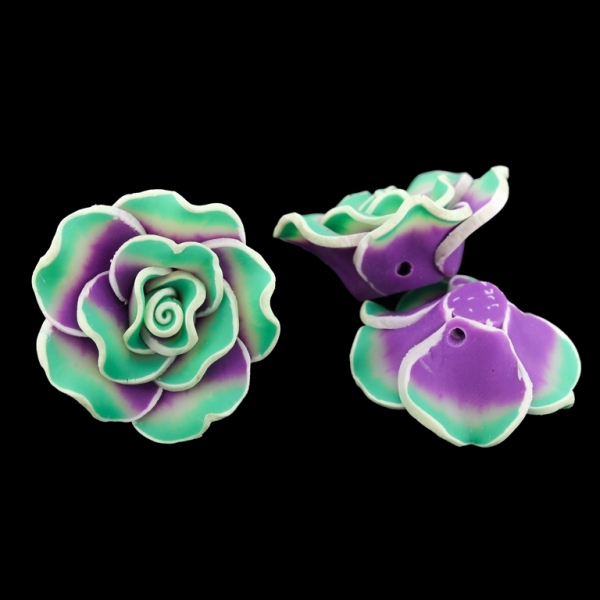 POLYMER CLAY FIMO BEADS - ROSE 02 MULTICOLORED - 32x12mm PURPLE-ECRU-GREEN (LIGHT) 37 - PACKAGE 70pcs. Hole-2.0mm