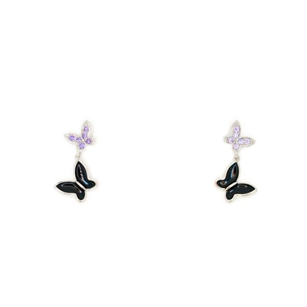 JEWELRY - EARRINGS - SCREW - ZIRCON - BUTTERFLIES Е300 - 1.2x2.4cm NICKEL WITH BLACK AND PURPLE - PACKAGE 6 pairs