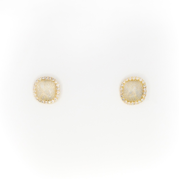 JEWELRY - EARRINGS - SCREW - ZIRCON AND CAT'S EYE - Е312 - 1.4x1.4cm GOLD AND WHITE - 1 pair