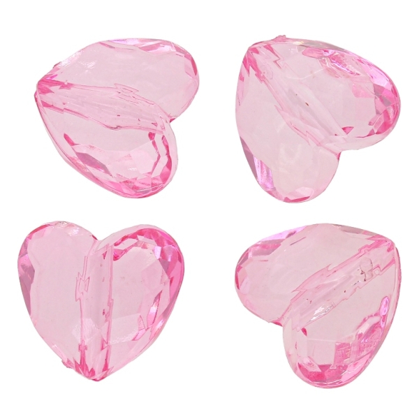 TRANSPARENT PLASTIC BEADS - HEART 06 FACETED - 17x18.5x11mm PINK V04 - 50g Hole-2.5mm (27pcs.)