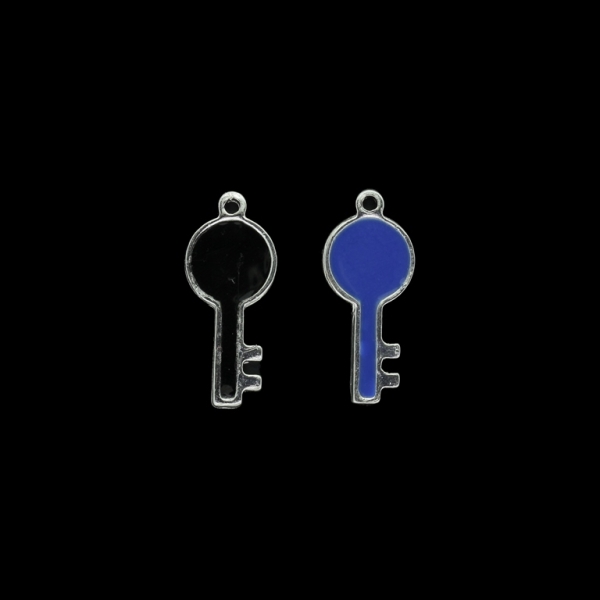 METAL BEADS WITH ENAMEL - PENDANT - KEY 04 - 12x27x2mm NICKEL AND MIX BLUE (DARK)-BLACK - PACKAGE 50pcs. Hole-1.8mm