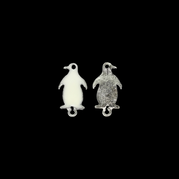 METAL BEADS WITH ENAMEL - CONNECTING ELEMENT WITH 2 RINGS - PENGUIN 03 - 12x23x2.0mm NICKEL AND ECRU - 5pcs. Hole-1.8mm