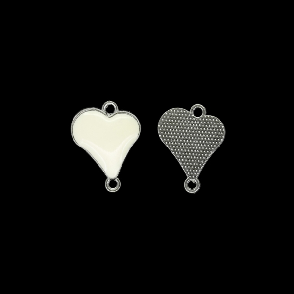 METAL BEADS WITH ENAMEL - CONNECTING ELEMENT WITH 2 RINGS - HEART 18 - 18x23x2.5mm NICKEL AND ECRU - 5pcs. Hole-1.8mm