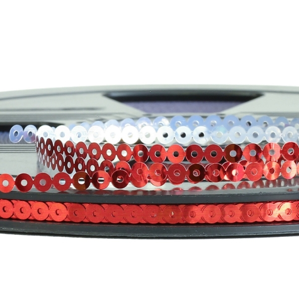 SEQUIN RIBBON - CIRCLE 01 FLAT - METALLIC - 4mm RED 047 - ROLL 70meters Hole-1.0mm