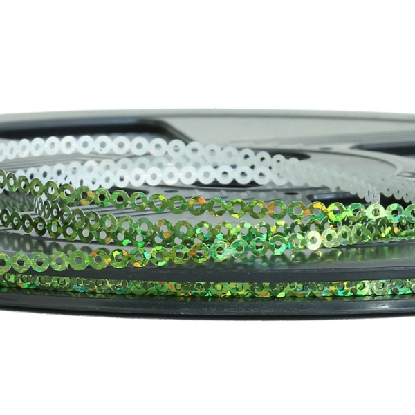 SEQUIN RIBBON - CIRCLE 01 FLAT - HOLOGRAPHIC - 3mm GREEN 076 - ROLL 70meters Hole-1.0mm