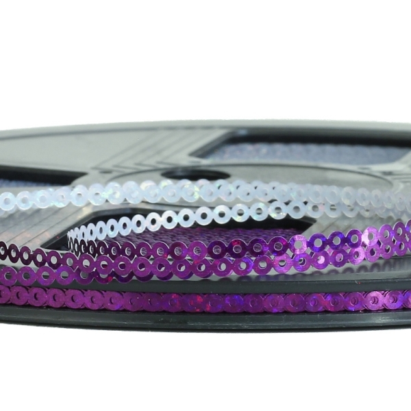 SEQUIN RIBBON - CIRCLE 01 FLAT - HOLOGRAPHIC - 3mm PURPLE 085 - ROLL 70meters Hole-1.0mm