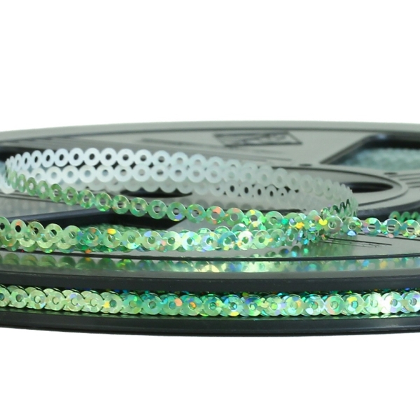 SEQUIN RIBBON - CIRCLE 01 FLAT - HOLOGRAPHIC - 3mm RESEDA (LIGHT) 074 - ROLL 70meters Hole-1.0mm