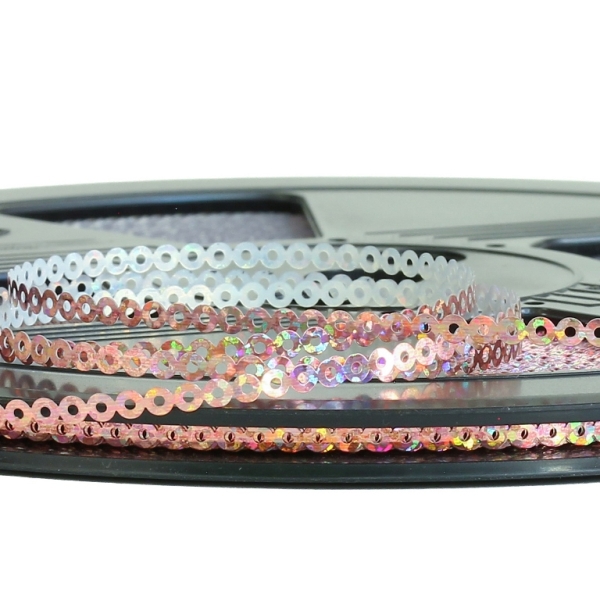 SEQUIN RIBBON - CIRCLE 01 FLAT - HOLOGRAPHIC - 3mm PINK (LIGHT) 079 - ROLL 70meters Hole-1.0mm