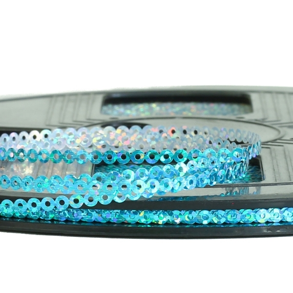 SEQUIN RIBBON - CIRCLE 01 FLAT - HOLOGRAPHIC - 3mm TURQUOISE BLUE 088 - ROLL 70meters Hole-1.0mm