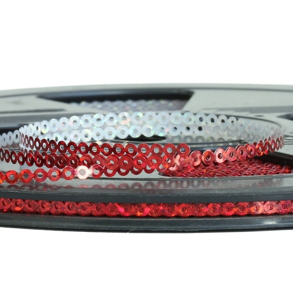 SEQUIN RIBBON - CIRCLE 01 FLAT - HOLOGRAPHIC - 3mm RED 077 - ROLL 70meters Hole-1.0mm