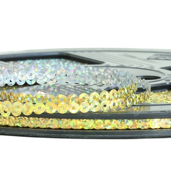 SEQUIN RIBBON - CIRCLE 01 FLAT - HOLOGRAPHIC - 4mm YELLOW 070 - ROLL 70meters Hole-1.0mm