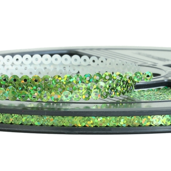 SEQUIN RIBBON - CIRCLE 01 FLAT - HOLOGRAPHIC - 4mm GREEN 076 - ROLL 70meters Hole-1.0mm