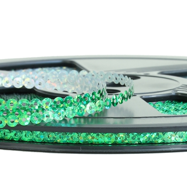 SEQUIN RIBBON - CIRCLE 01 FLAT - HOLOGRAPHIC - 4mm GREEN (DARK) 075 - ROLL 70meters Hole-1.0mm