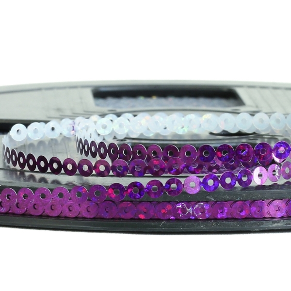 SEQUIN RIBBON - CIRCLE 01 FLAT - HOLOGRAPHIC - 4mm PURPLE 085 - ROLL 70meters Hole-1.0mm