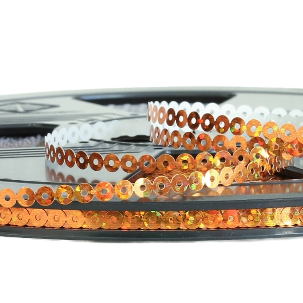 SEQUIN RIBBON - CIRCLE 01 FLAT - HOLOGRAPHIC - 4mm ORANGE (DARK) 071 - ROLL 70meters Hole-1.0mm