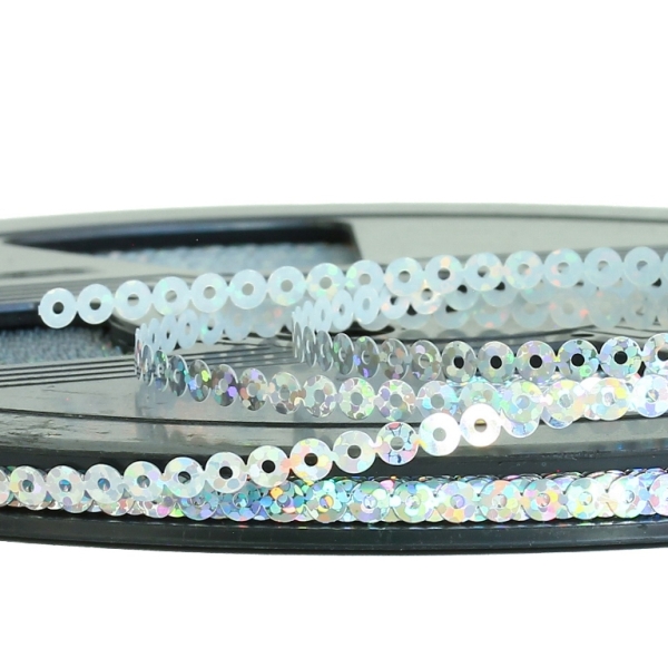 SEQUIN RIBBON - CIRCLE 01 FLAT - HOLOGRAPHIC - 4mm SILVER 066 - ROLL 70meters Hole-1.0mm