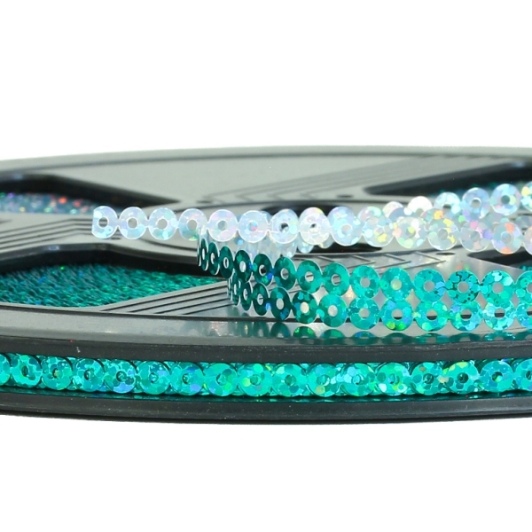 SEQUIN RIBBON - CIRCLE 01 FLAT - HOLOGRAPHIC - 4mm TURQUOISE GREEN 089 - ROLL 70meters Hole-1.0mm