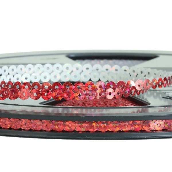 SEQUIN RIBBON - CIRCLE 01 FLAT - HOLOGRAPHIC - 4mm RED 077 - ROLL 70meters Hole-1.0mm