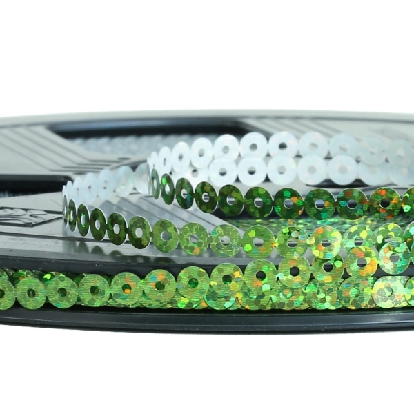 SEQUIN RIBBON - CIRCLE 01 FLAT - HOLOGRAPHIC - 5mm GREEN 076 - ROLL 70meters Hole-1.0mm